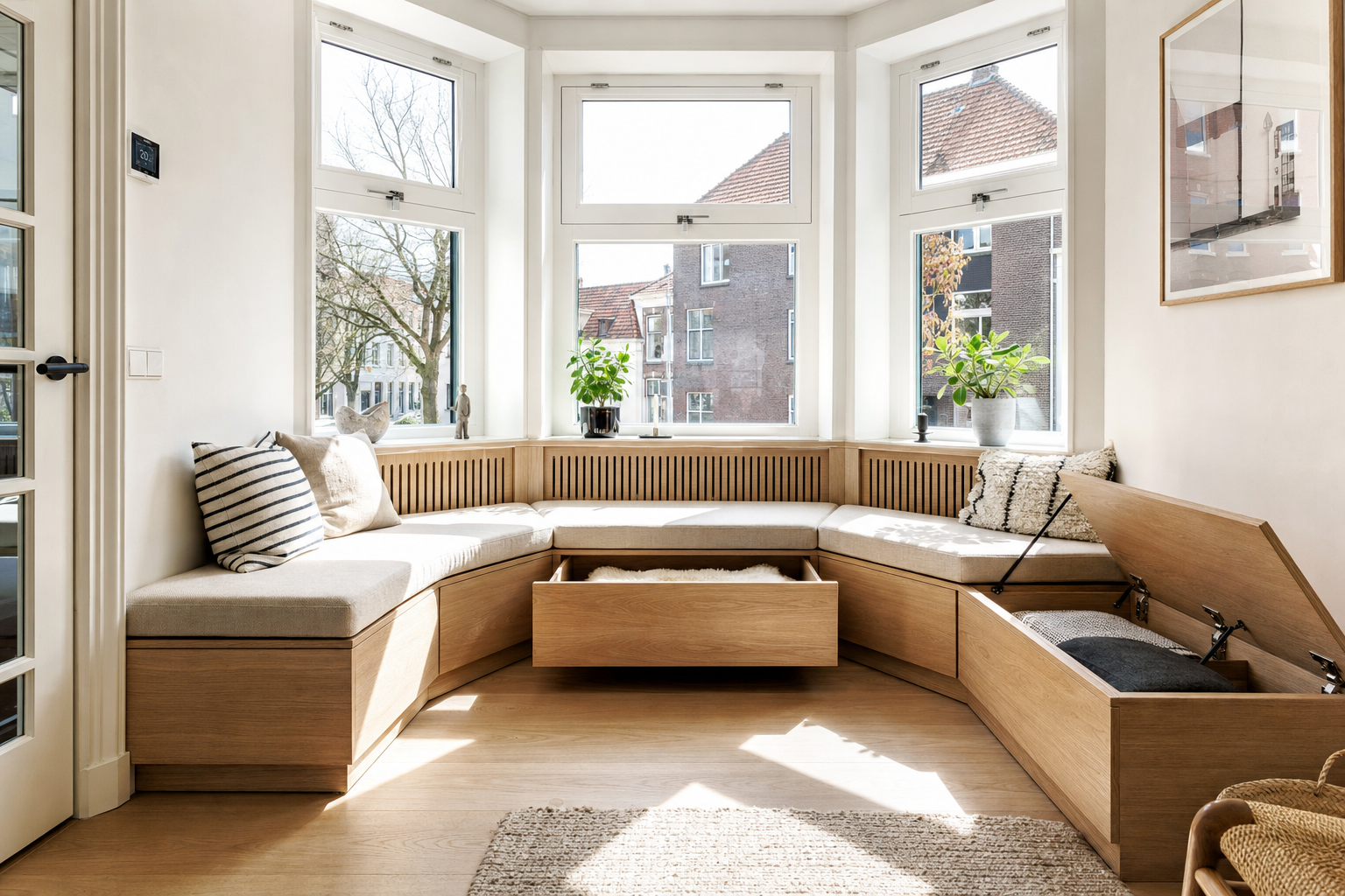 Hoe maak je een erkerbank op maat met opbergruimte zonder dat dit ten koste gaat van zitcomfort en toegang tot ramen of radiatoren?